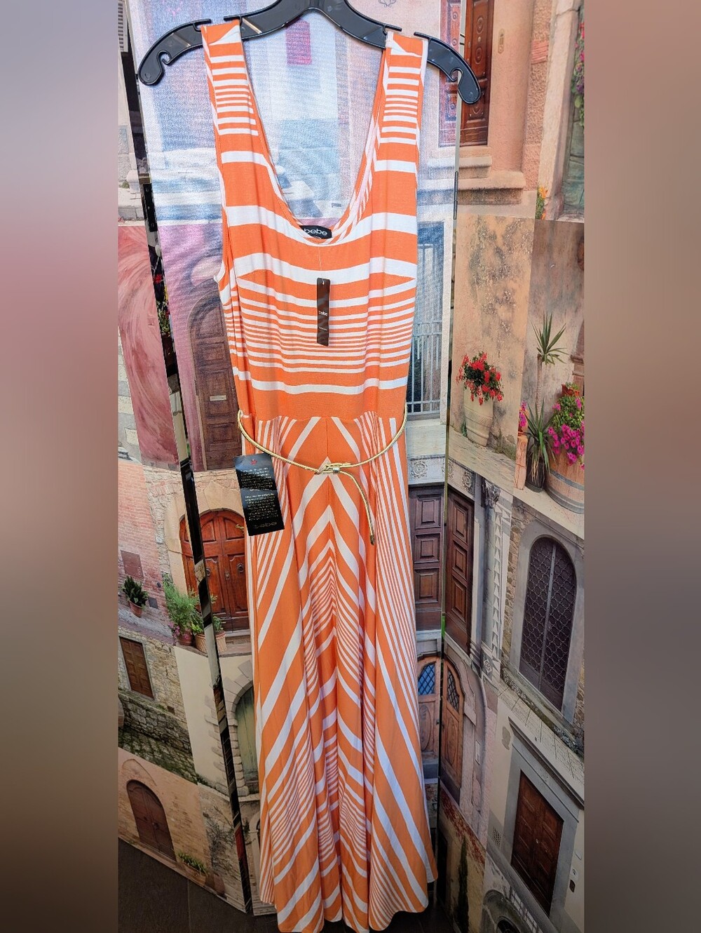 bebe Orange & White Striped Sleeveless Maxi Dress with Removable Gold-Tone Belt.